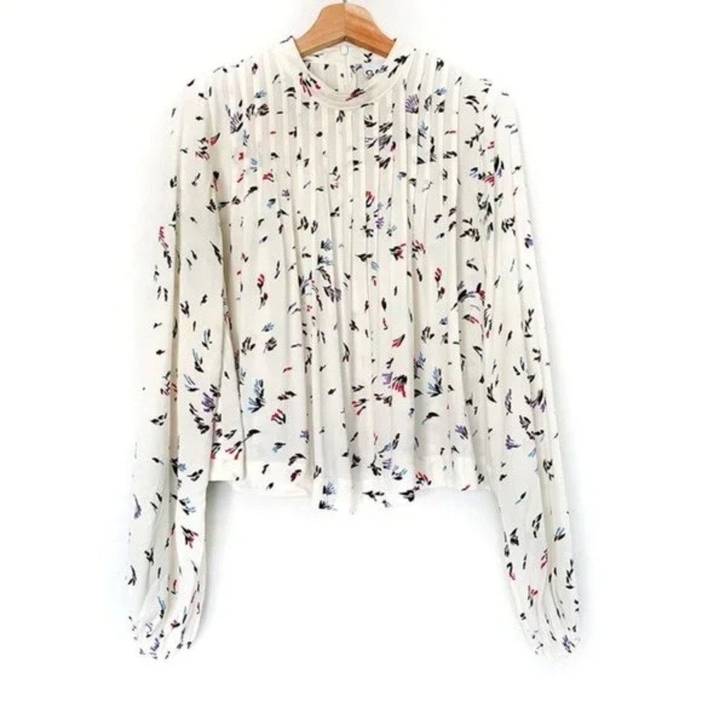 Ganni Floral Ivory Pintuck Top. Size 10.